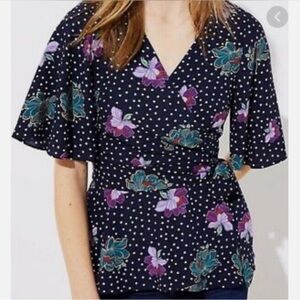 LOFT Petites Floral Polka Dot True Wrap Wide Sleeve Tie Blouse